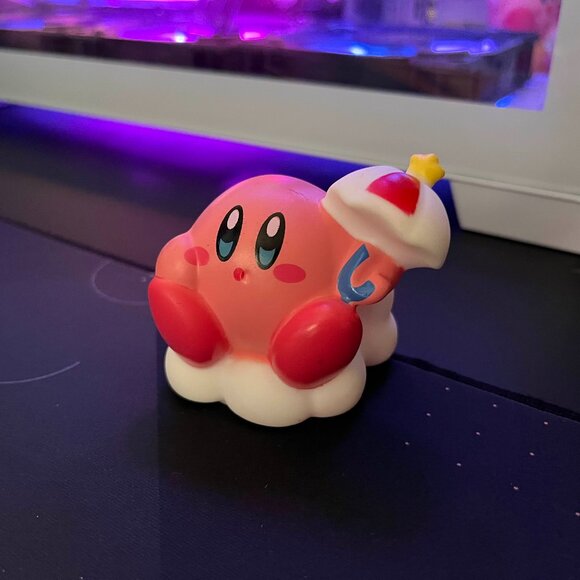 Cute Kirby Parasol Mini Figure, pink action figure on cloud with umbrella - Picture 1 of 5